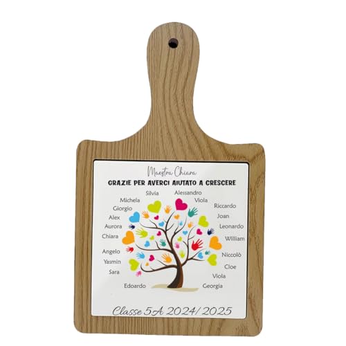 6 Taglieri in legno naturale con mattonella 15 x 15 cm in ceramica regalo alle maestre albero della vita con nomi dei bambini personalizzabile idea regalo fine anno scolastico