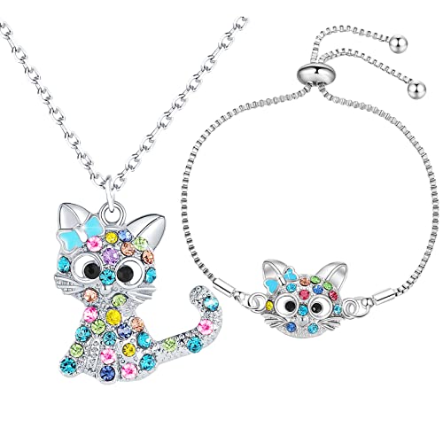 Lovely Rainbow Rhinestone Cat Jewelry Set For Girls Pendant...