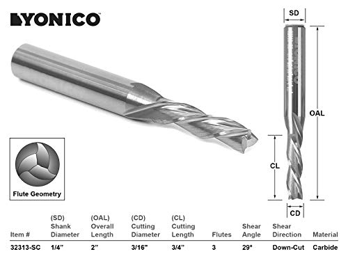 Image of YONICO Downcut Router Bits Spiral 3 Flute Solid Carbide CNC End Mill 3 /16-Inch Dia. 1 /4-Inch Shank 32313-SC