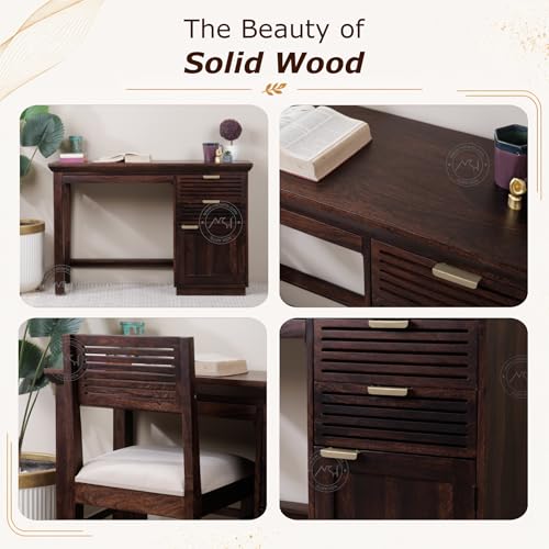 Image of NSH Solid Sheesham Wood Study Table with Chair | Wooden Writing Desk with Drawer & Door Storage | Pre-Assembled Computer Desk Workstation for Home Office & Study Room | Walnut Finish