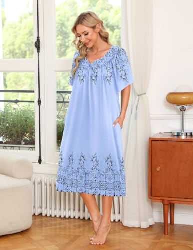 Image of Ekouaer 2 Pack House Dresses for Women with Pockets Short Sleeve Moo Moos | Floral Print Mumu Dresses, V-Neck Pleated Nightgown, Soft, No-Pilling, Wrinkle-Free Moomoo Dress for Home & Garden, S-4XL