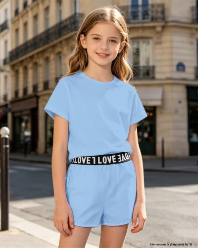 Image of Bestuline Girls Summer 2 Piece Outfits,Basic Short Sleeve Top & Shorts Set with Side Pockets,4-14Y