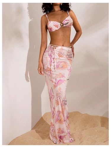 MakeMeChic Women's Summer Starfish Print Maxi Skirt Ruched Drawstring Bodycon Skirts4