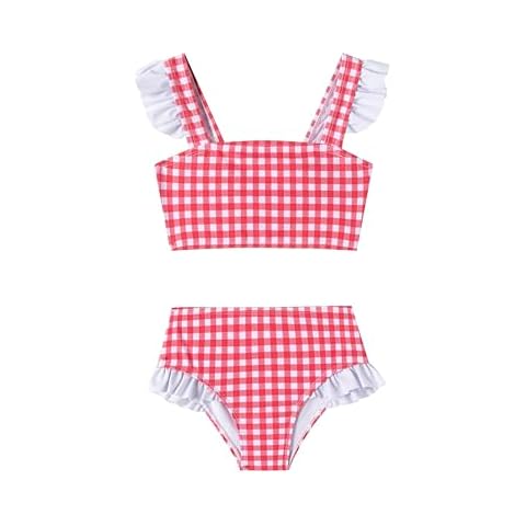 LIZENS Girls Plaid Swimwear Two Piece Trim Swimsuit 2-12 Toddler Beach Bathing Suit for Kids(BDG7204，7-8T) Red Cover