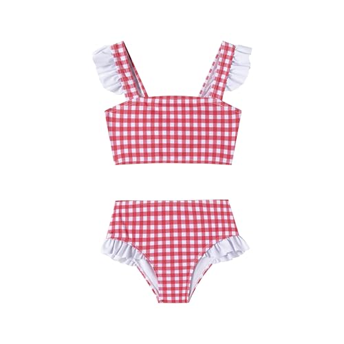 LIZENS Girls Plaid Swimwear Two Piece Trim Swimsuit 2-12 Toddler Beach Bathing Suit for Kids(BDG7204?7-8T) Red
