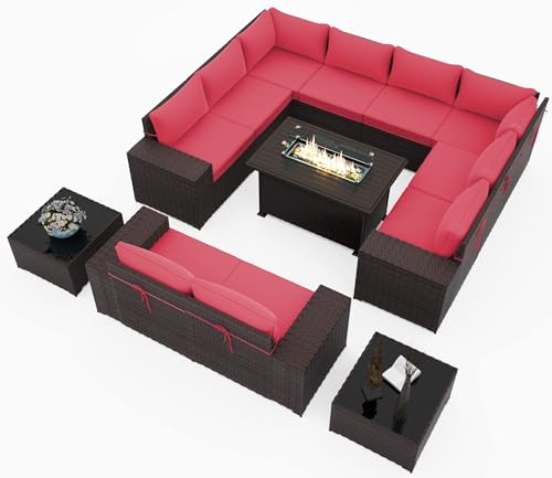 Image of 13 PCS Outdoor Patio Furniture Set,Outdoor Sectional Furniture with 43 inch 55000 BTU Gas Propane Fire Pit Table,All Weather PE Rattan Wicker Patio Conversation Set,Red