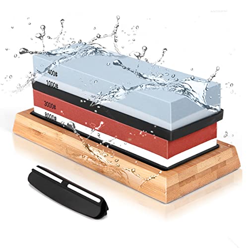 Cornesty Sharpening Stone, Whetstone Knife Stone Kit, 4 Side Grit 400/1000/3000/8000, Wet Kit Include 2 Anti-skid Pads(Black), Non-slip Bamboo Base & Rubber Base, Angle Guide, 8.5 * 3.7 3.1in