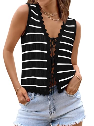 Image of COCCKO Womens Summer Tops Vacation Beach Outfits Cute Tie Front Crochet Vest Knit Sleeveless Sweaters