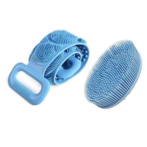 2 pack Soft Silicone Shower Brush and Back washer belt, Bath Exfoliating Skin Massage Tool, Easy to Clean, Lathers Well,Fit for Sensitive and All Kinds of Skin (Blue)