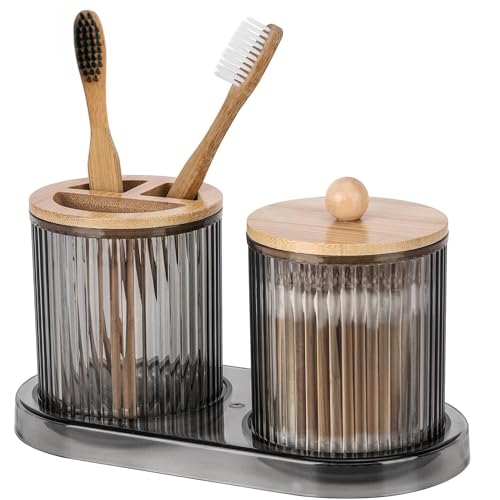hanfc Ribbed Grey Acrylic Cotton Pad Holder, Toothbrush Holder, Tray, Bamboo Lid, Grey Bathroom Accessories Set, Toothpaste Dispenser, Cotton Bud Holder, Cotton Buds Holder Dispenser, Apothecary Jars