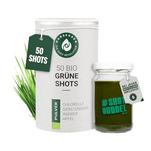 Hansegrün - Bio Grüne Darm Shots (50 Stk.) - Superfood-Pulver mit Gerstengras - Vegane Greens für die Darm-Gesundheit - mit Chlorella & Brennessel - 100% echte Zutaten zur täglichen Zubereitung