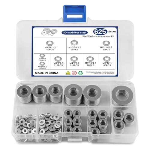 625 Stück Flach Unterlegscheiben Set, 304 Edelstahl Beilagscheiben Set, 9 Größen Unterlegscheiben für Schrauben & Muttern - M2/M2.5/M3/M4/M5/M6/M8/M10/M12