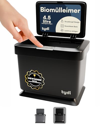 Tydi 4 5L Küchen-Biomüllbehälter mit Druckknopfdeckel - Komposteimer für die Küche - Rutschfester Boden und sicherer Deckel - Kleiner Innenkaddy für Schrank oder Arbeitsfläche