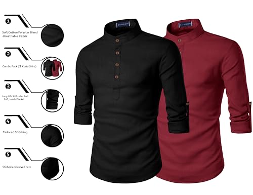 Image of Zombom Men's Combo Cotton Polyester Blend Solid Full Sleeve Straight Regular Fit Mandarin /Chinese Collor Kurta (Pack of 2)