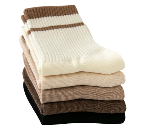 Image of Deeorla Womens Striped Crew Socks Brown Vintage Retro Athletic Socks 5 Pairs
