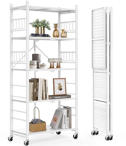 Image of Himix 5-Tier Foldable Storage Shelves 20 Hooks Wheels White No Assembly | Folding shelving units, Metal collapsible organization, Wire rack, Unit rolling cart, Bookshelf, Kitchen, Home, Holds 440 Ibs