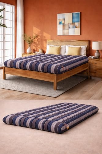 Image of Adim's Handmade Traditional Quilt Gadda Mattress, Blue Lining, 4x6 ft,Pure Cotton Fabric, Cotton Filled, Firm, Reversible Design, for Floor Sleeping and Bed Use