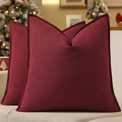 Image of decorUhome Decorative Linen Euro Sham Throw Pillow Covers 26x26 Inch Set of 2 Burgundy Pillow Covers with Flange Edges Soft Farmhouse Boho Accent Pillow Cases for Couch Bed Living Room