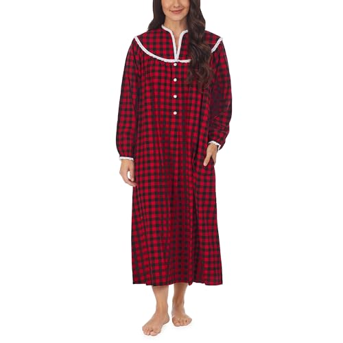 Lanz of Salzburg Sleepwear for Women Classic Long Sleeve Open Neck Soft Flannel Pajama Nightgown - Red Buffalo Check, Small