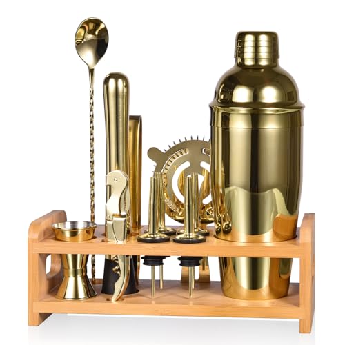 Esmula Juego de coctelería de 750 ml, juego de 12 cocteleras de acero inoxidable con soporte de exhibición para el hogar, bar, juego de herramientas profesionales de bar con folleto de recetas de