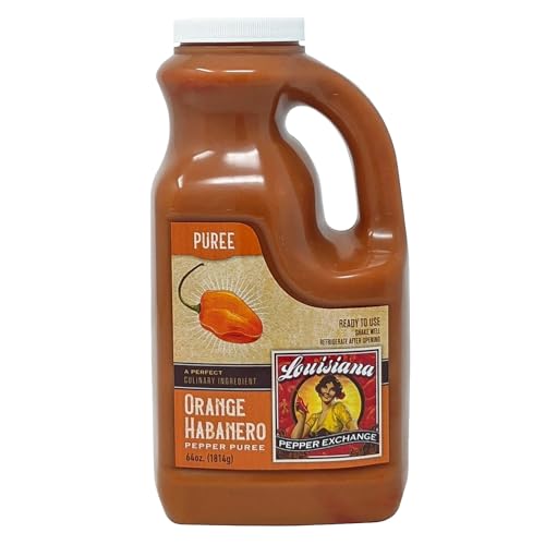 Louisiana Pepper Exchange Orange Habanero Pepper Puree Sauce Salsa, Spicy Sweet Tropical Seasoning, Plant-Based, Gluten-Free, 64 oz