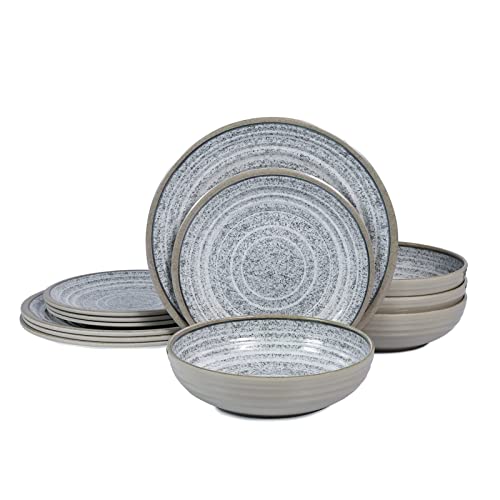 Melamine Dinnerware Sets 12 PCS - Service for 4 Plates & Bowls Sets Dishwasher Top-Shelf Safe, BPA Free Dinner Dishes Set for Everyday Use-Granite Pattern Gray