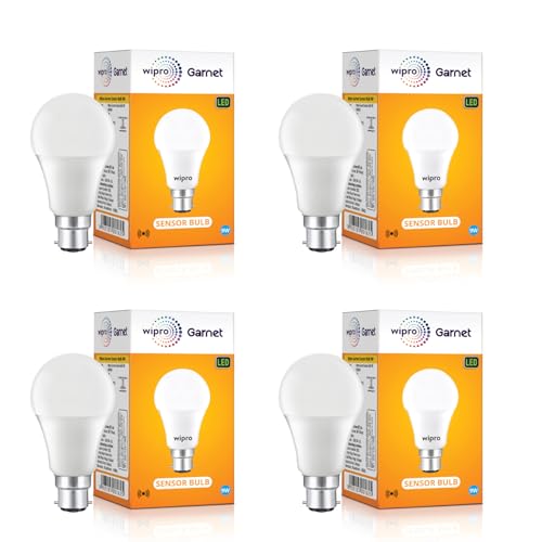 Image of wipro Garnet 9W Motion Sensor LED Bulb for Modern Home | 4 Meter Radius Sensor Area | Auto Off After 60 Seconds Inactivity | Cool Day White (6500K) | Pack of 4