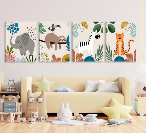 Image of 4pcs Framed Safari Cartoon Jungle Animal Wall Art 12x16 inches | elephant, zebra, sloth & tiger Canvas Paintings Prints.Kid Room Baby Room Decor.