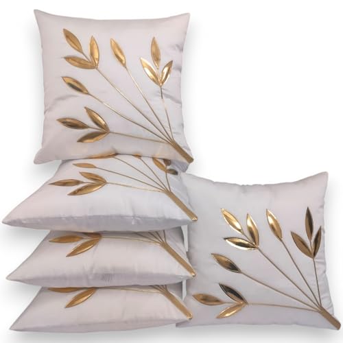 Image of Golden Floral Cushion Covers, 16x16 Inch, Set of 5 (White)
