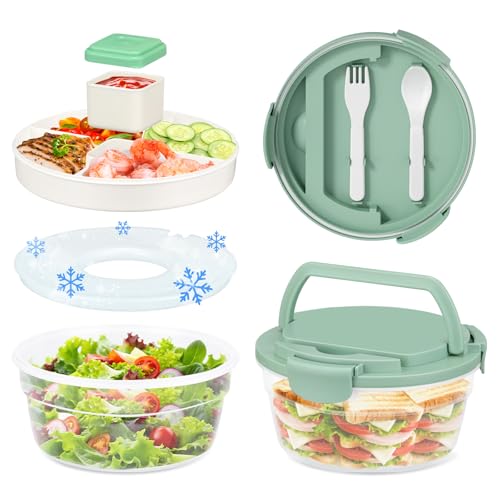 Image of Salad Container for Lunch, Bento Lunch Box 58-oz with 4 Compartments Tray and Ice Pack, Leak-Proof Salad Bowl with Lid for Adults, BPA-Free Lunch Box for Meal Prep & Food Storage(Green)
