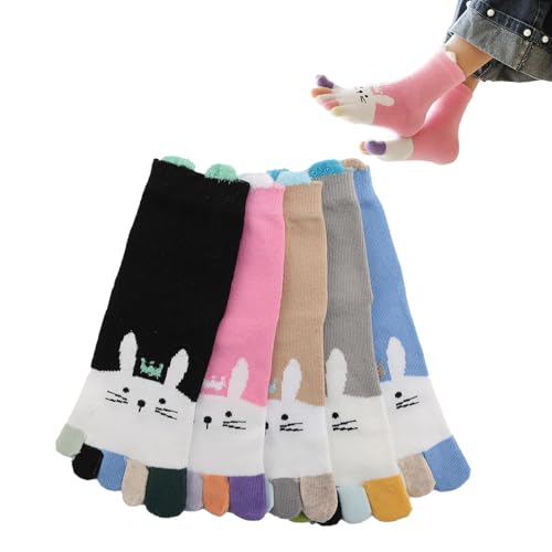 Kids Girls Cotton Cute Socks, 5 Pair Mid Calf Toe Socks Cartoon Breathable Five Finger Cotton Socks