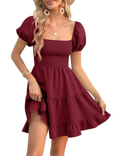 Image of Veatzaer Women's Puff Sleeve Square Neck Smocked Babydoll Dress Boho Floral Print Off Shoulder Ruffle Mini Short Dress