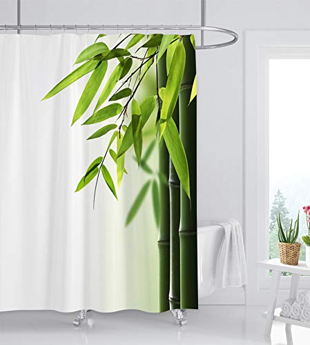 ufengke Cortinas de Ducha Bambú Verde con 12 Ganchos,Blanco Cortina de Ducha de Tejido Prueba de Moho Impermeable al Baño (180X180cm)