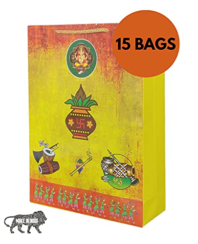 Image of Arrow Paper Products Paper Gift Bags For Marriage Return Gift, Small Presents (Pack Of 15) - Yellow