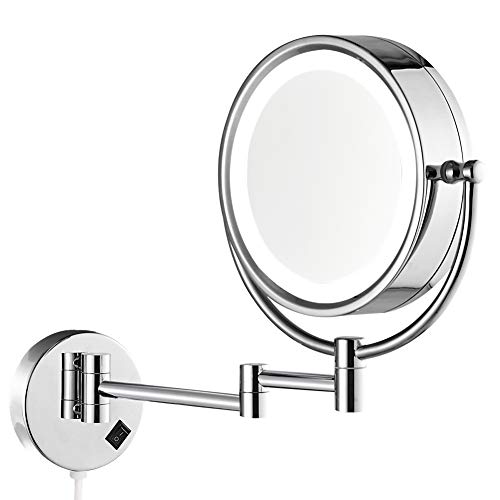 DOWRY 10X Magnifying Vanity Mirror with LED Lighted for Wall,8 Inch Two-Sided Swivel Extendable Bathroom Mirror with Plug,809D(Chrome 10x)