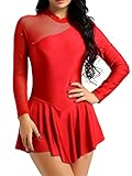 FEESHOW Damen Skaterkleid Stretch Basic Langarm Ballett Trikot Kleider Tanzkleider rückenfrei Eiskunstlauf Swing Kleid Tanz Gymnastik Rot 38
