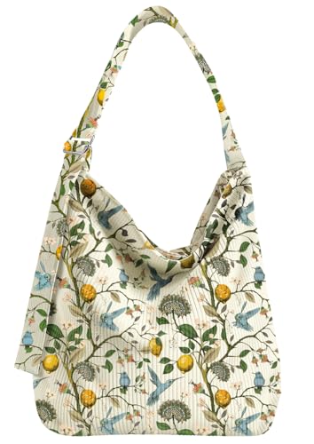 VelvetHue Corduroy Hobo Bag for Women - Large Shoulder Tote Bag with Zipper Cute Handbags Big Capacity Travel Work Bag Lemon Bird