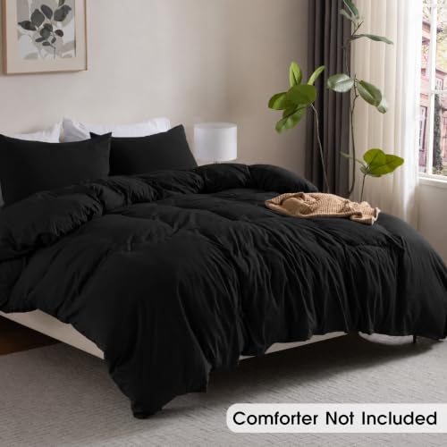 Image of Soft Washed Black Duvet Cover Set Queen Size, 2 Pillow Shams, No Comforter | Prewashed Microfiber, 4 Corner Ties, Button Closure, Ultra Soft, Cotton-Like, All Seasons, Queen Duvet Cover 90x90 in