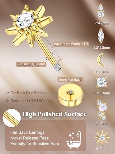 THUNARAZ 14K Gold Flat Back Earrings for Women Men Dainty Hypoallergenic Surgical Stainless Steel Stud Small Cartilage Helix Conch Tragus Multiple Piercing Jewelry Screw Back Earring Sets CZ Opal 20G2