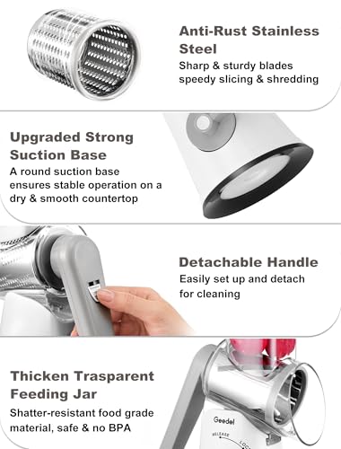 Image of Geedel Rotary Cheese Grater Vegetable Shredder With 6 Interchangeable Blades No Slip Suction Base, Mandoline Slicer & Food Chopper for Cheese, Ice, Nuts, Vegetables, Veggie
