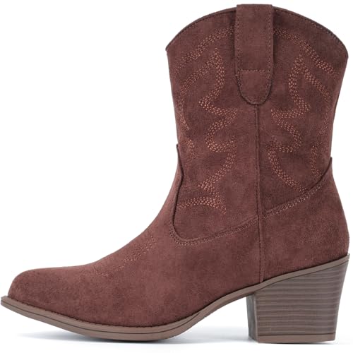 Image of IXU Cowboy Boots for Women Wide Suede Ankle Western Cowgirl Boots Mid Calf Pointed Toe Short Chunky Classic Booties