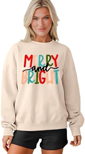 MAPICK Merry and Bright Sweatshirts Christmas Embroidery Sweaters Women Crewneck Cute Long Sleeve Comfy Pullover Tops(Apricot,Medium)