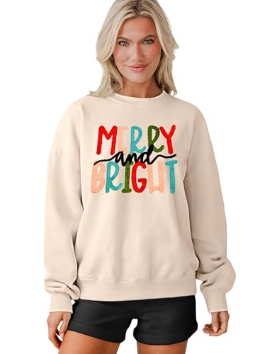 MAPICK Christmas Sweatshirt for Women Merry and Bright Embroidery Sweaters Crewneck Fleece Linend Warm Winter Clothes