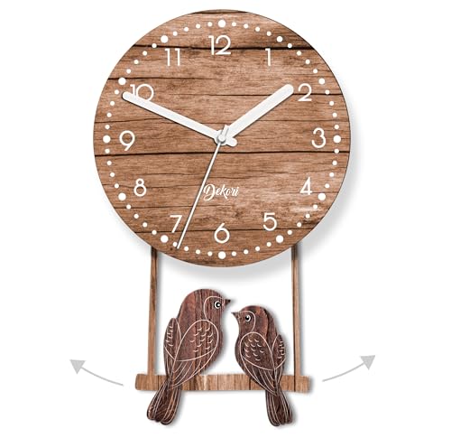 DEKORI – Orologio da Parete Design con Pendolo Oscillante, Uccellini in Legno Decorativi, Stile Naturale Moderno, Movimento Silenzioso, Spessore 8 mm, Made in Italy, 24x37 cm