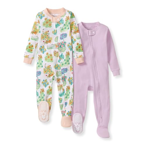 Burts Bees Baby Organic Cotton Footed Pajamas for Girls Zipper P Sleeper Snug Fit Sleepwear with Non-Slip Bee Grips