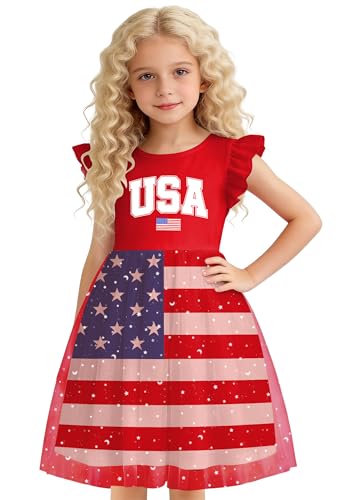 Image of Girls 4th of July Dress American Patriotic Outfit USA Independence Day Clothes Flutter Sleeve Tulle Tutu Dress 5-14y