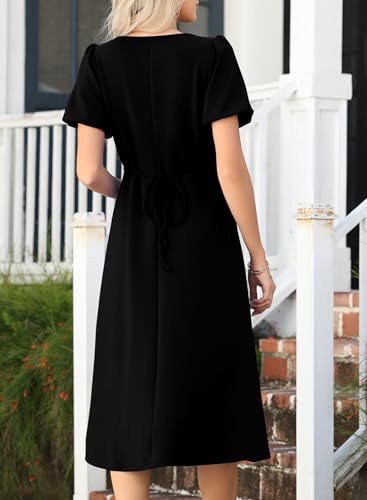 Image of Happy Sailed Women's Summer Short Sleeve Square Neck Ruched Waist Flowy A Line Midi Cocktail Party Dress
