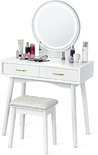COSTWAY Dressing Table Set with 3-Color Adjustable LED Lights Mirror, Wooden Detachable Makeup Vanity Table Stool Set, Home Bedroom Furniture Cosmetics Dresser Gift (White, 2 Drawers)