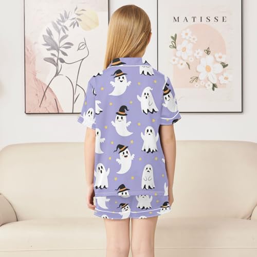 Satin Pajama Sets Short Sleeve Ghostly Figures on Purple Button Down Silky Nightwear 2 Piece PJS 5-14Y4