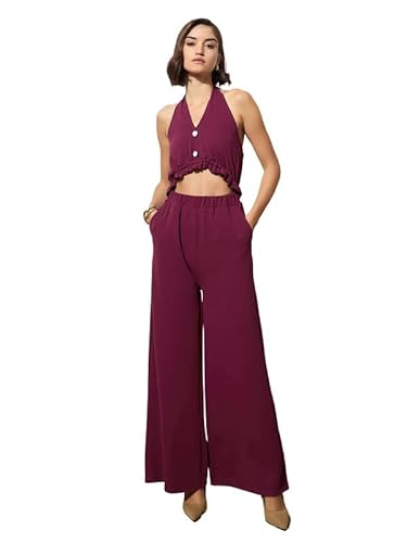 barcino Maroon Knitted Halter Neck Cut-Out Jumpsuit